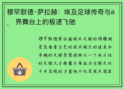 穆罕默德·萨拉赫：埃及足球传奇与世界舞台上的极速飞驰