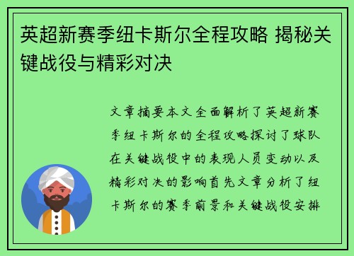 英超新赛季纽卡斯尔全程攻略 揭秘关键战役与精彩对决
